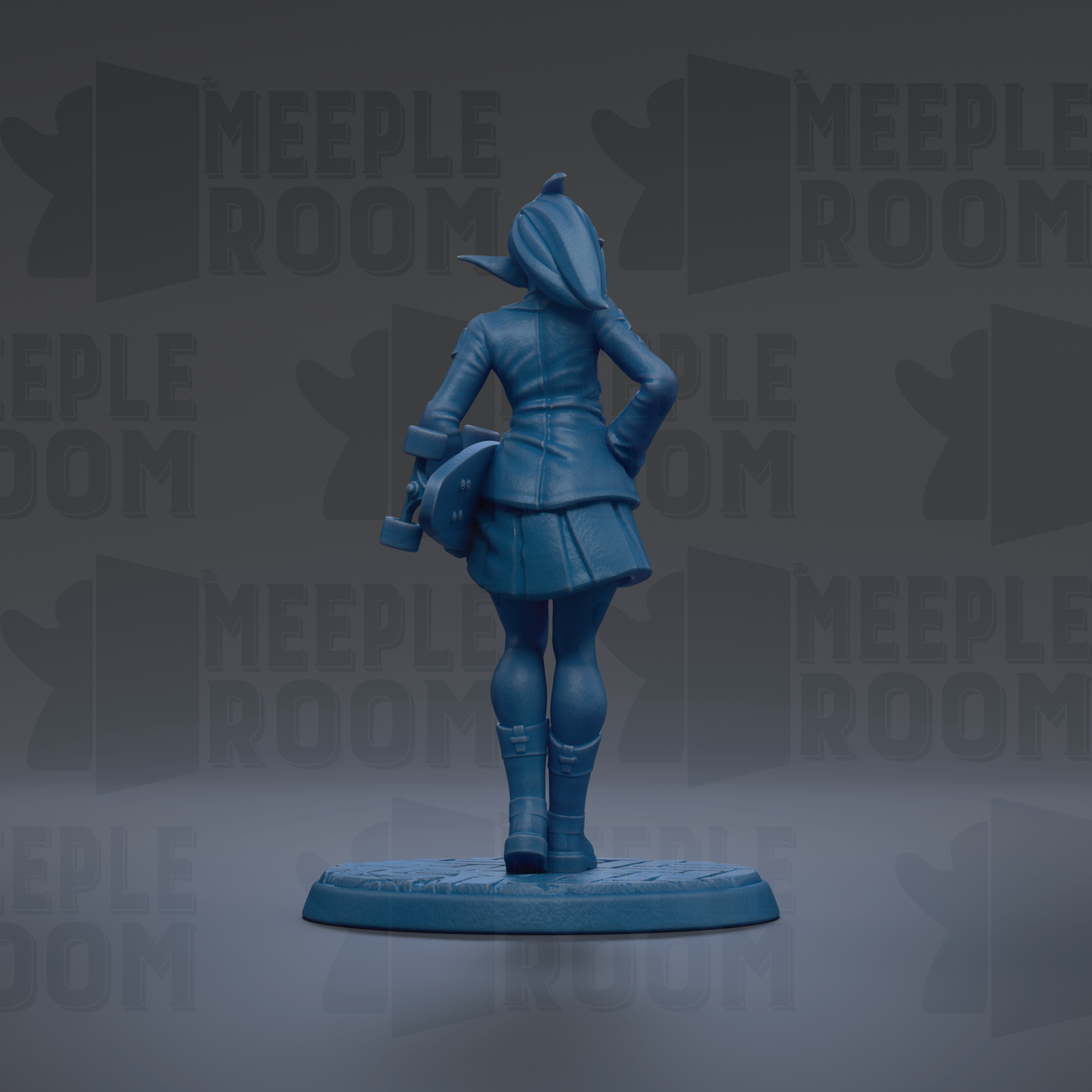 A blue figurine of a person standing with their back to the camera, wearing a coat and boots, and holding a skateboard.