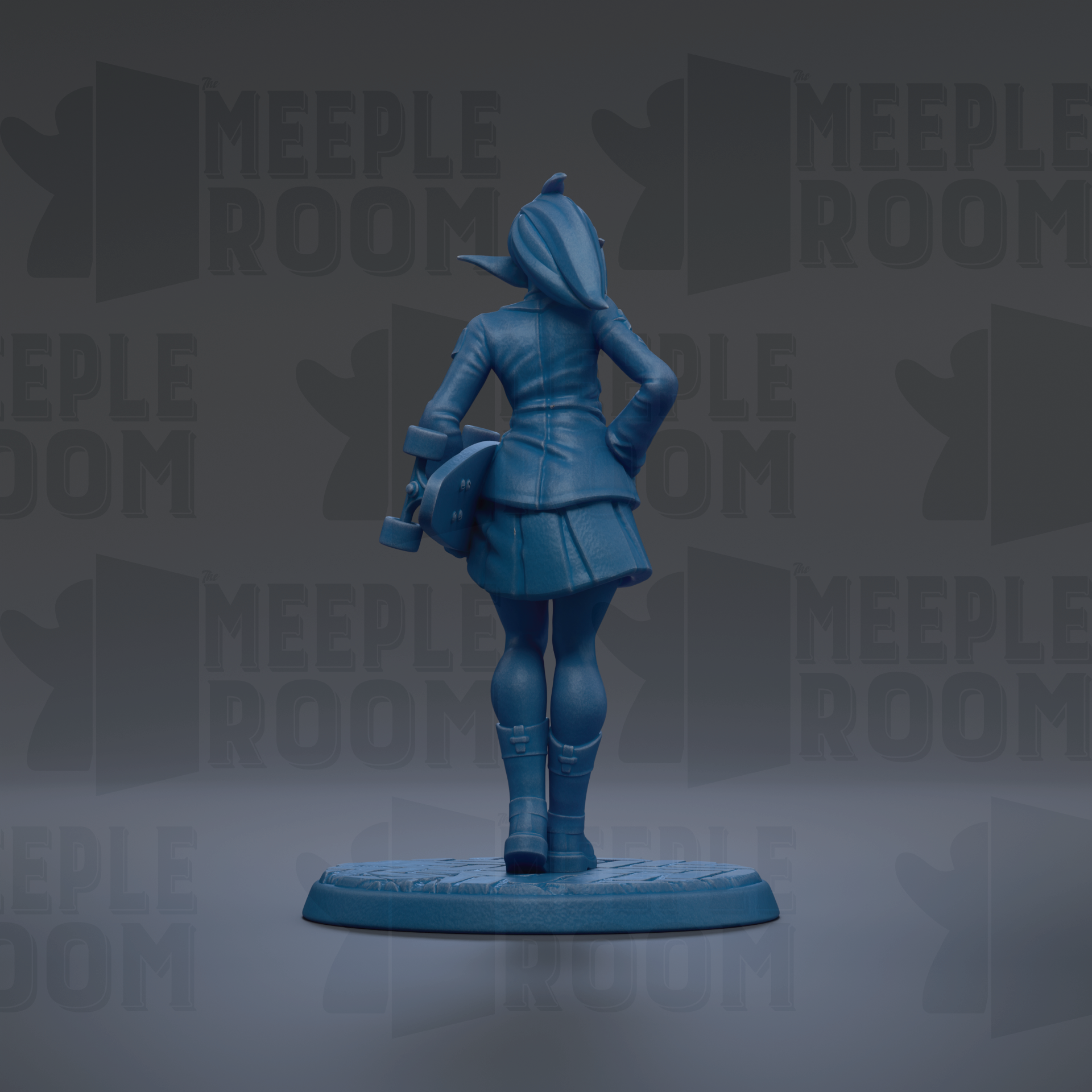 A blue figurine of a person standing with their back to the camera, wearing a coat and boots, and holding a skateboard.