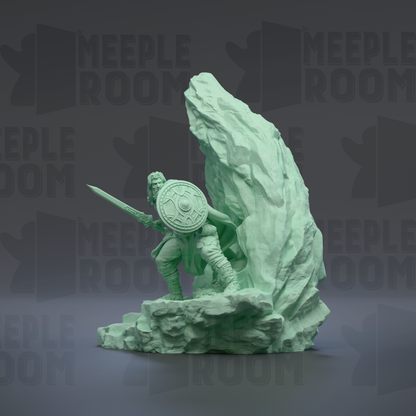 A green 3D model of a warrior figure holding a shield and sword, standing on a rocky base.