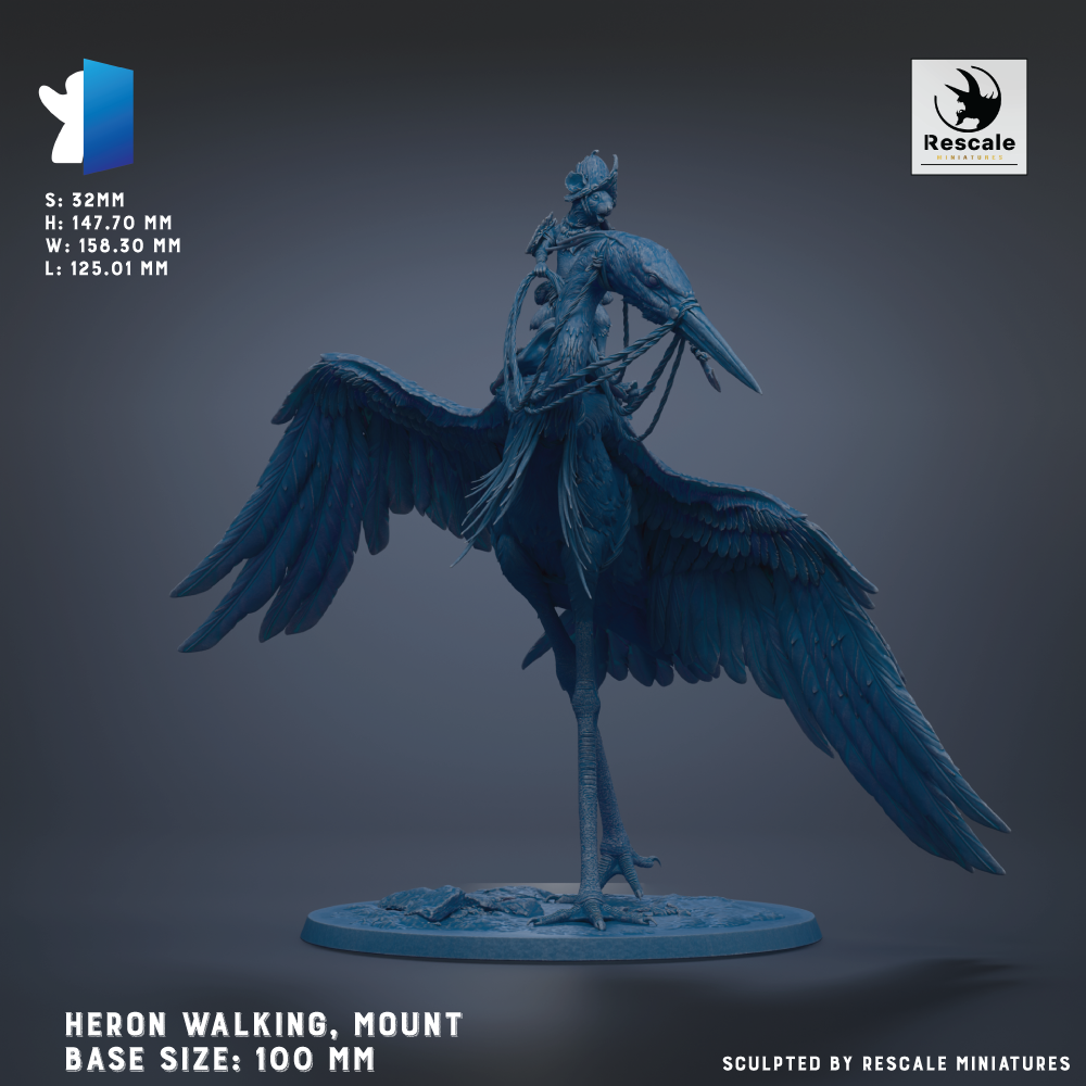 A detailed 3D model of a Heron-like creature with wings, mounted on a base and depicted in a realistic style.