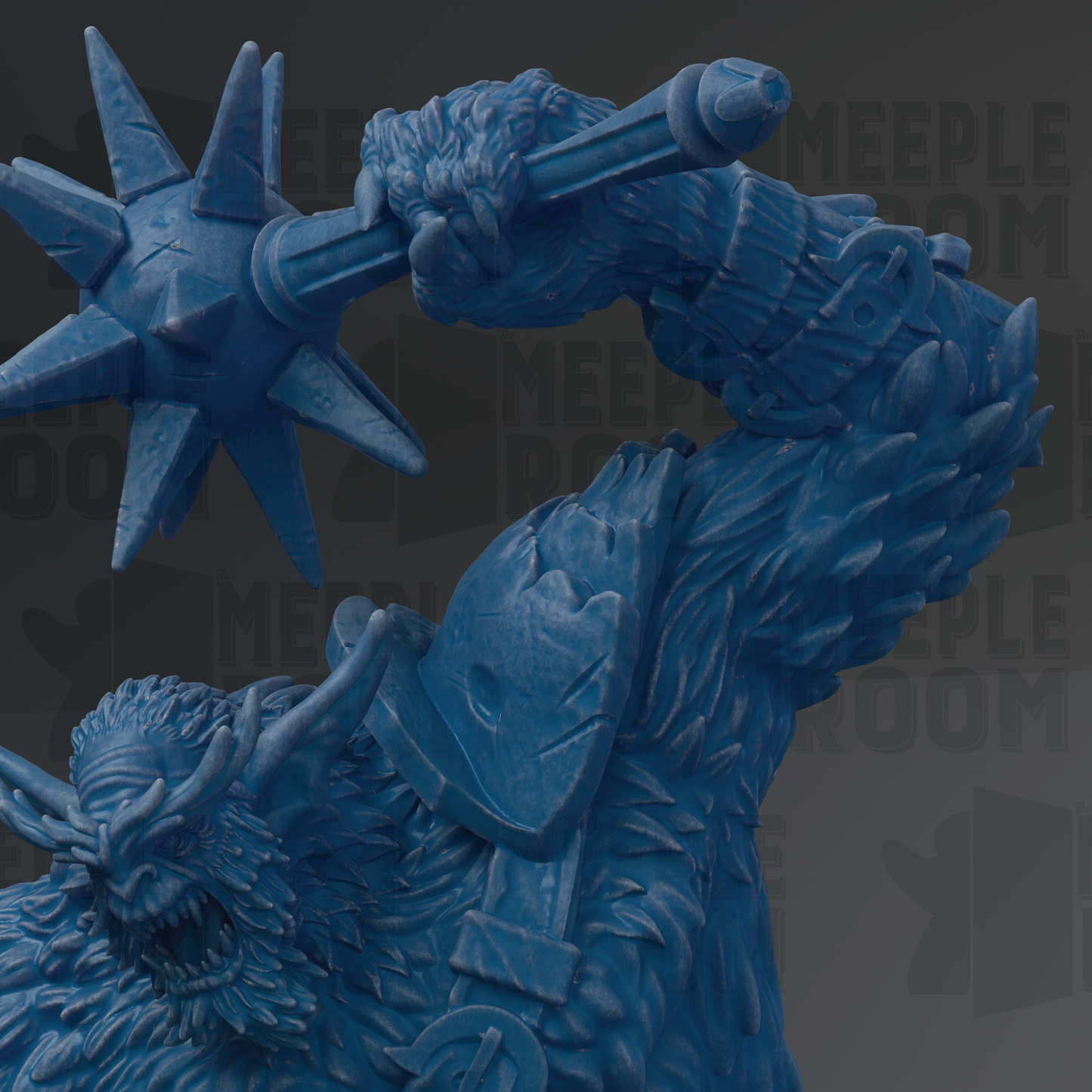 A close-up of a blue, furry monster-like creature with sharp teeth and claws, holding a large weapon in its hands.