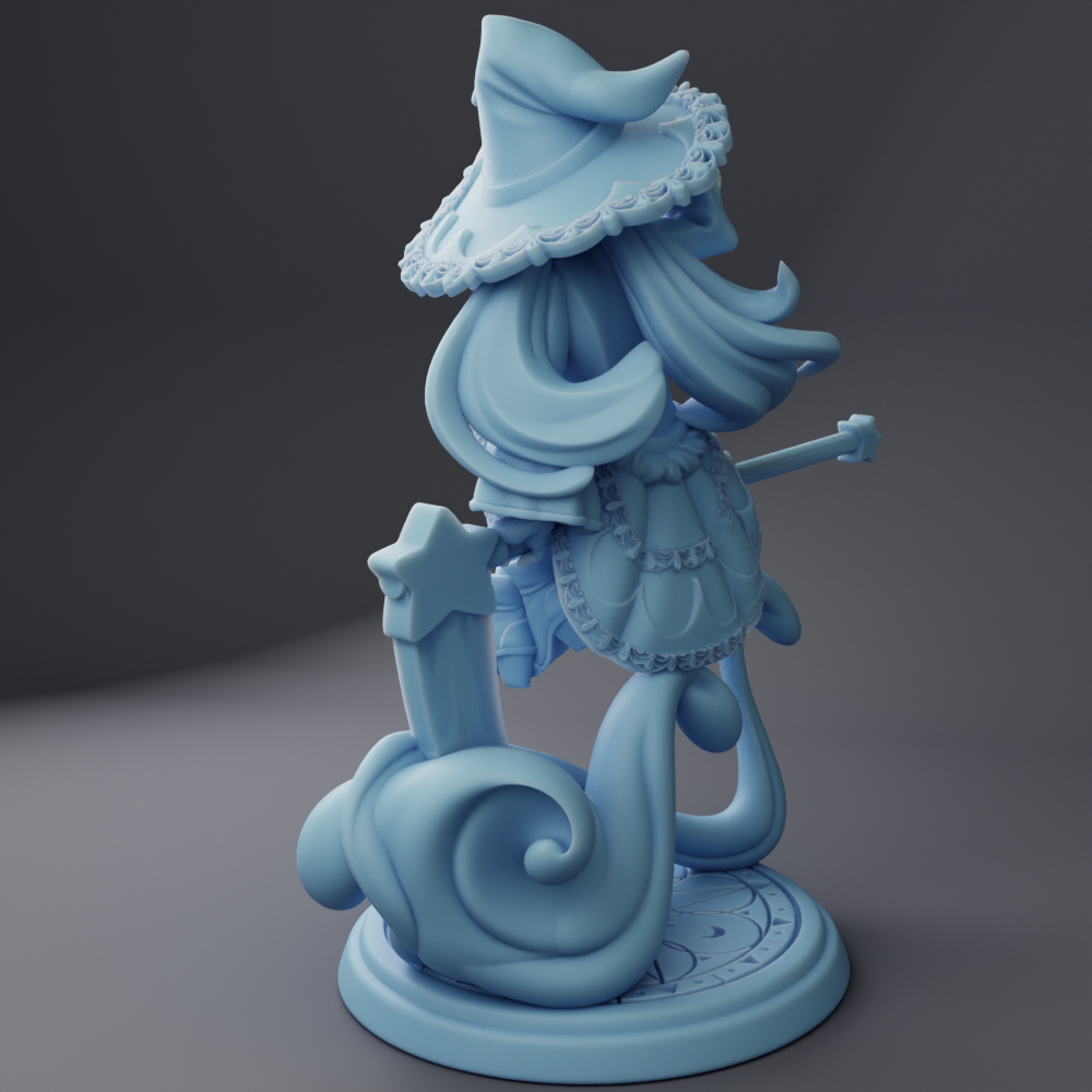 A blue, whimsical statue of a character with flowing hair and a pointed hat, sitting on a base with a wave-like design.