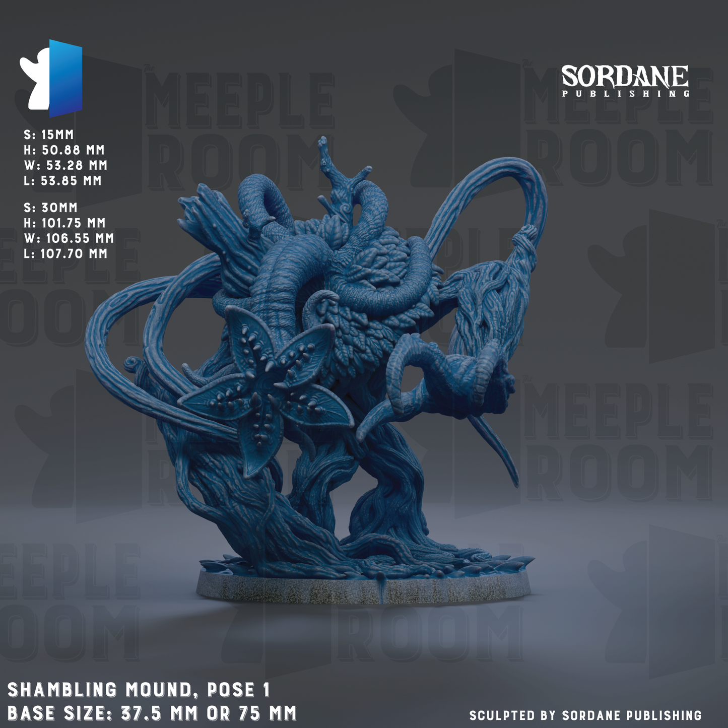The image is a detailed sculpture of a shambling mound, with a base size of 37.5 mm or 75 mm. The sculpture is posed in a dynamic position, with a flower-like element attached to it. The background of the image is a dark gray color, which contrasts with the blue color of the sculpture. The image is a collage of multiple images, and it is described as a "SORDANE PUBLISHING" image.