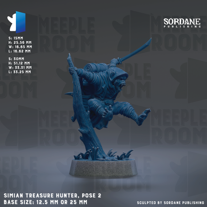 The image is a 3D rendering of a figurine of a person holding a sword and a backpack, standing on a rock. The figurine is positioned in a pose that suggests it is hunting or exploring. The background of the image is dark, which contrasts with the figurine and makes it stand out. The image does not contain any text, and the figurine is described as a "Sumanthi Treasure Hunter" and "Sumanthi Treasure Hunter, pose 2". The base size of the figurine is either 12.5 mm or 25 mm.