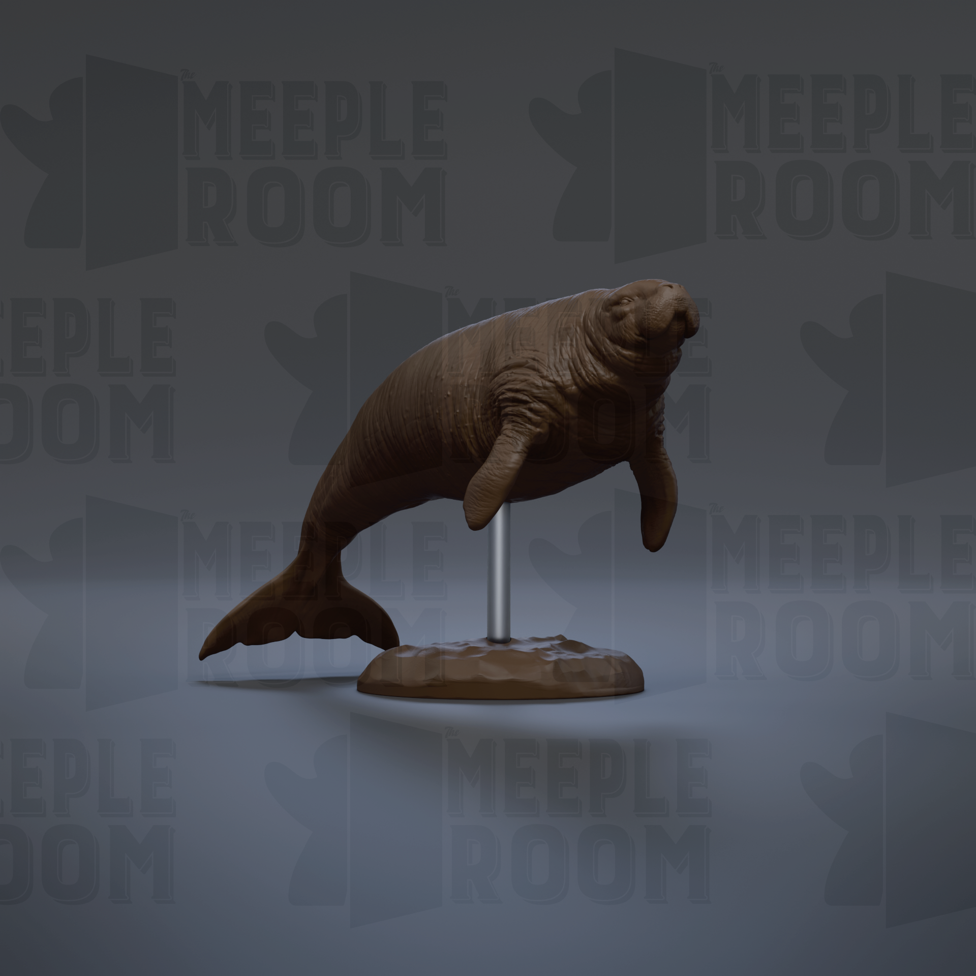 A 3D rendering of a manatee sculpture on a stand, with the text "MEIPLLE ROOM" repeated in the background.