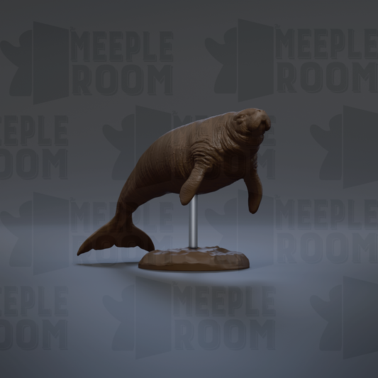 A 3D rendering of a manatee sculpture on a stand, with the text "MEIPLLE ROOM" repeated in the background.