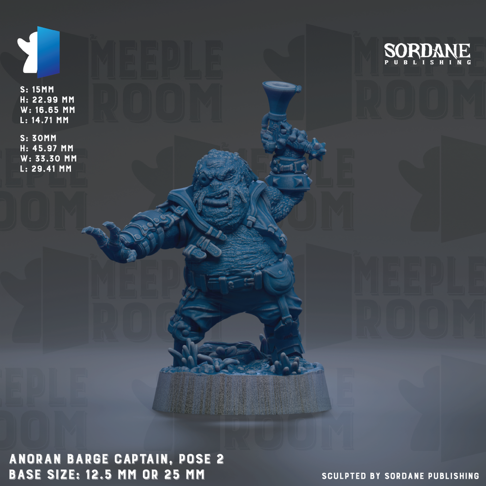 The image is a figurine of a character, specifically Anoran Barge, the captain of the Meeple Room. The figurine is posed in a standing position, holding a trophy in one hand and a shield in the other. The base size of the figurine is either 2.5 mm or 25 mm. The image does not contain any text, and it is a single, cohesive image of the character.