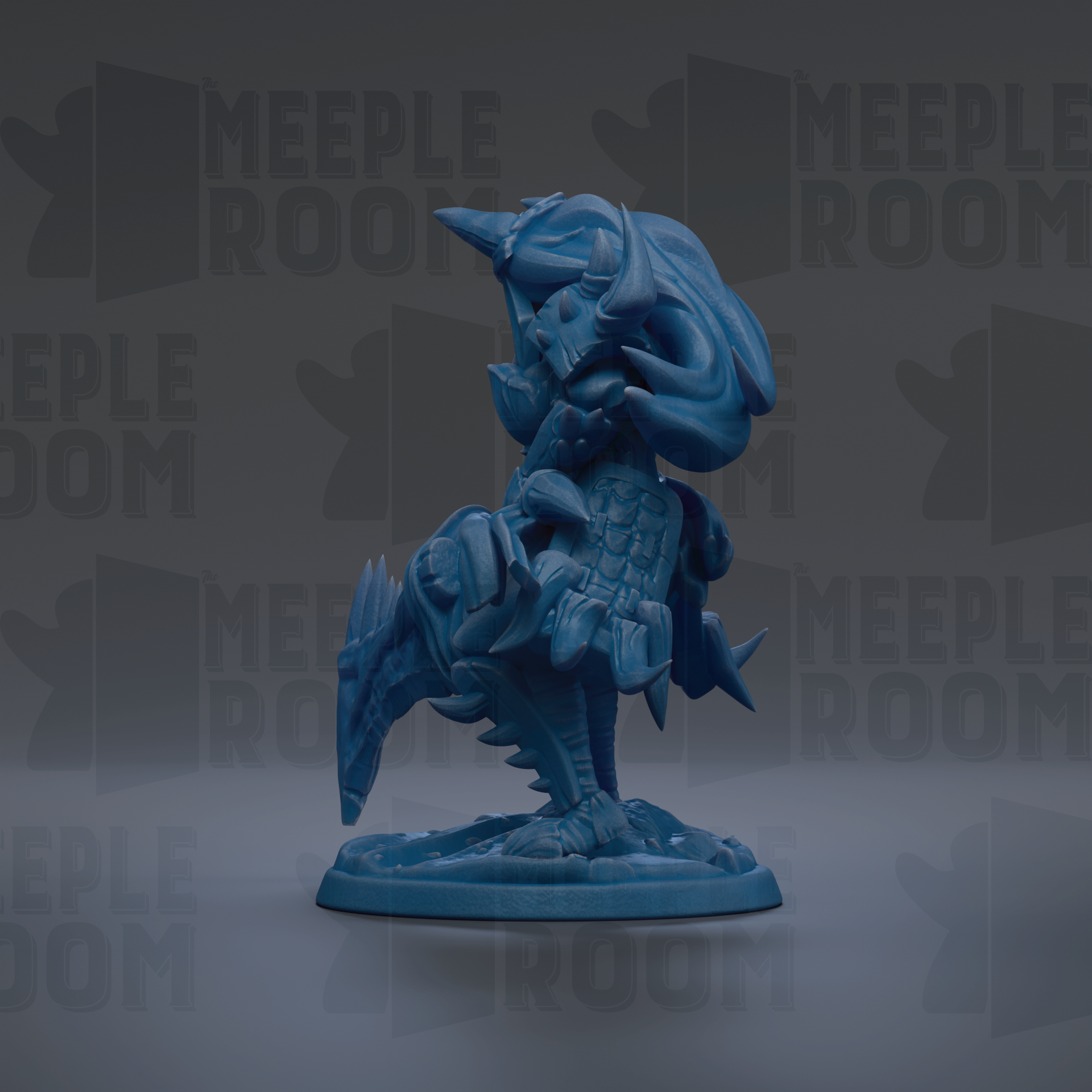 A blue, 3D-rendered figurine of a fantastical creature, possibly a dragon or serpent, standing on a base.