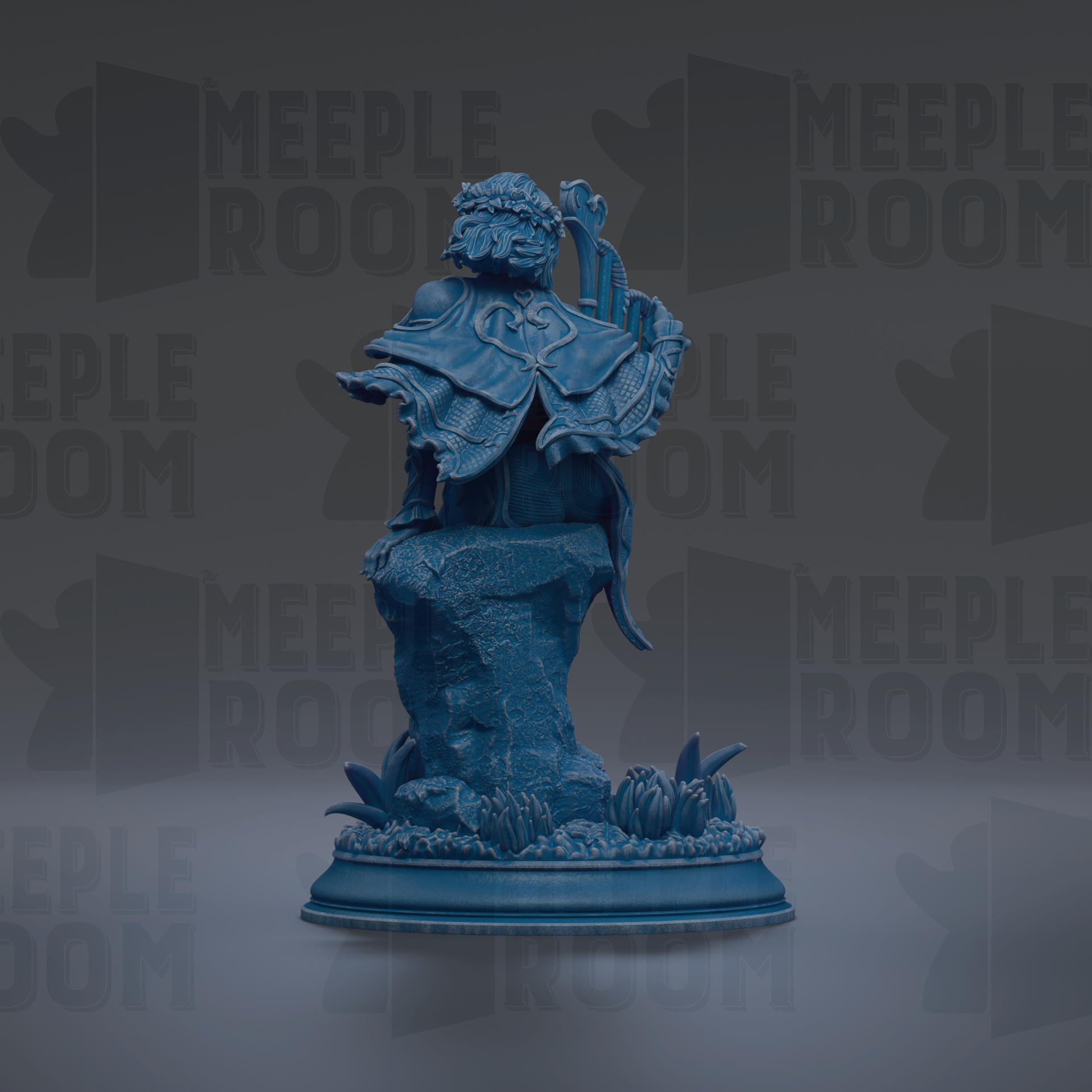 A blue statue of a figure with a flowing robe and headdress, standing on a pedestal with flowers and plants.
