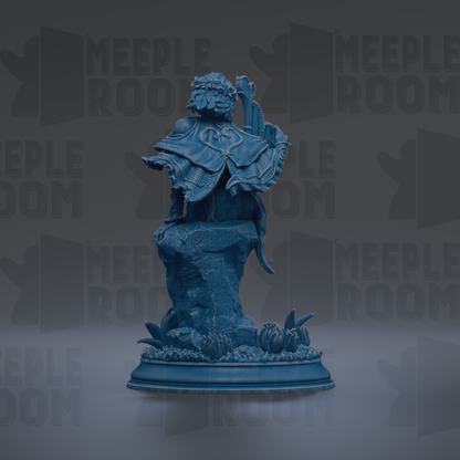 A blue statue of a figure with a flowing robe and headdress, standing on a pedestal with flowers and plants.