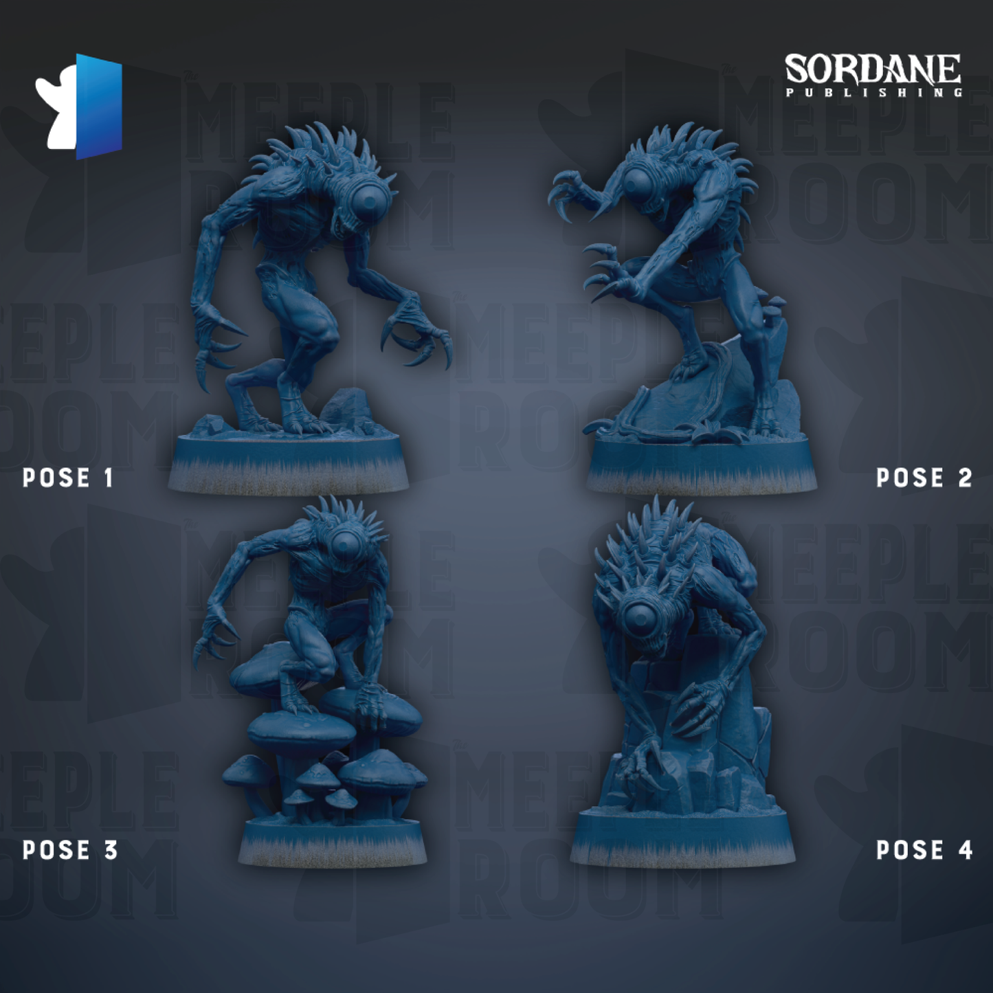 four different poses of a blue, spiky-haired creature resembling a mythical or fantastical creature, displayed on a dark background.