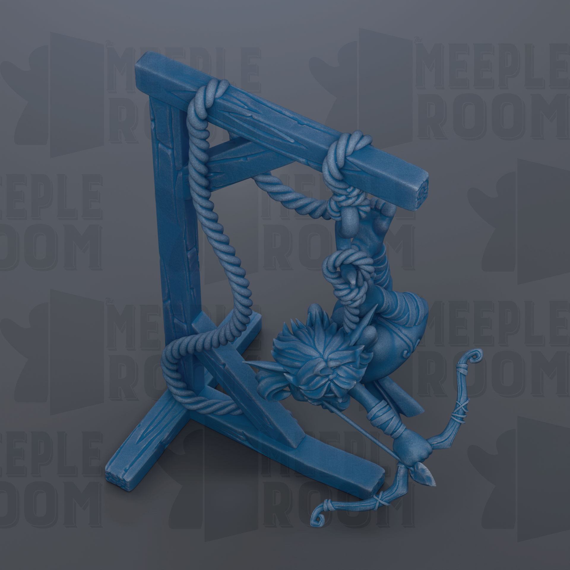 A blue figurine of a person hanging from a rope, with the text "MEEPLE ROOM" repeated in the background.