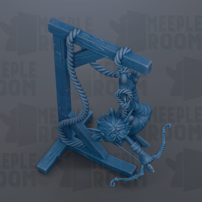 A blue figurine of a person hanging from a rope, with the text "MEEPLE ROOM" repeated in the background.