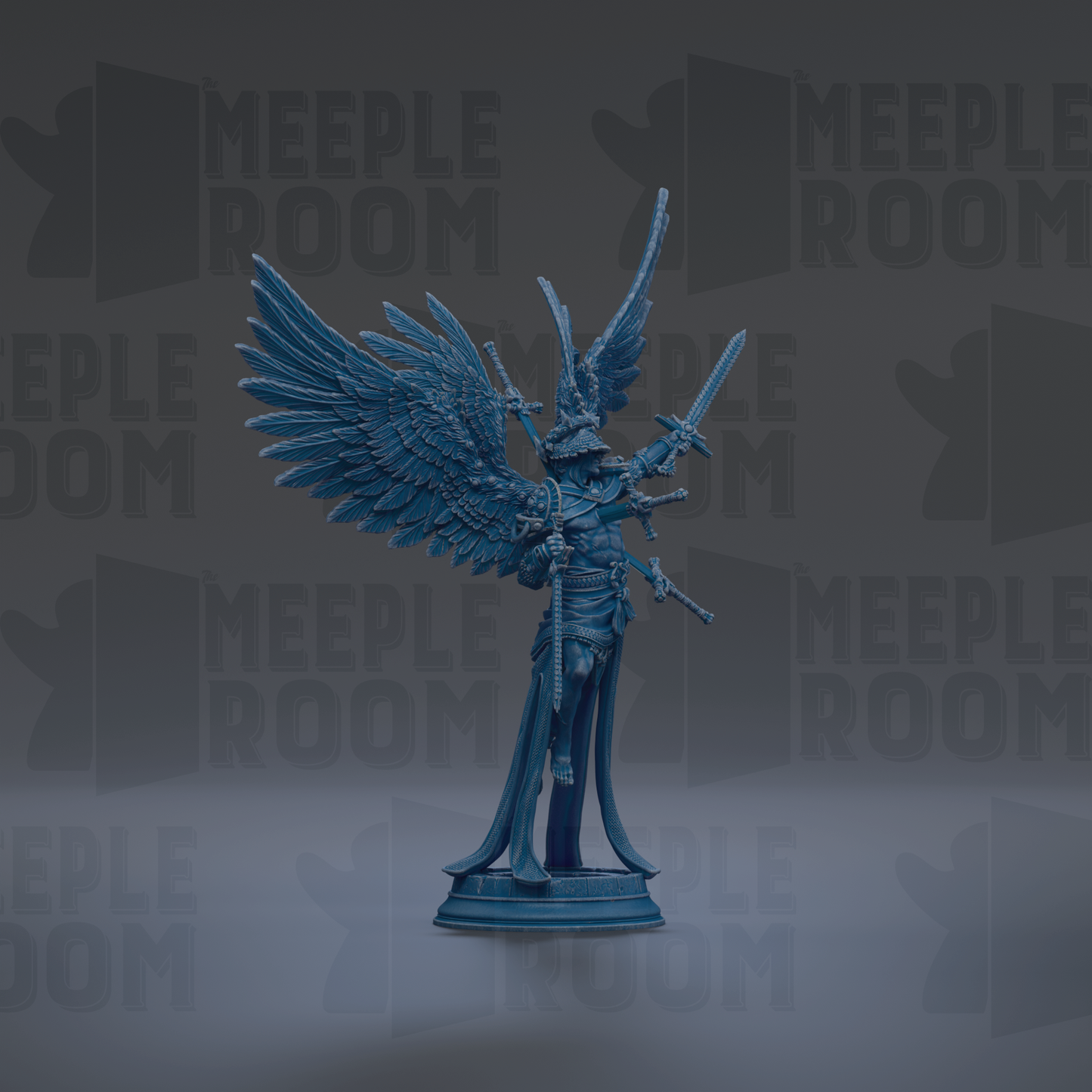 A blue statue of a winged figure holding a sword and shield stands prominently against a dark background with repeated "MEIPLE ROOM" text.