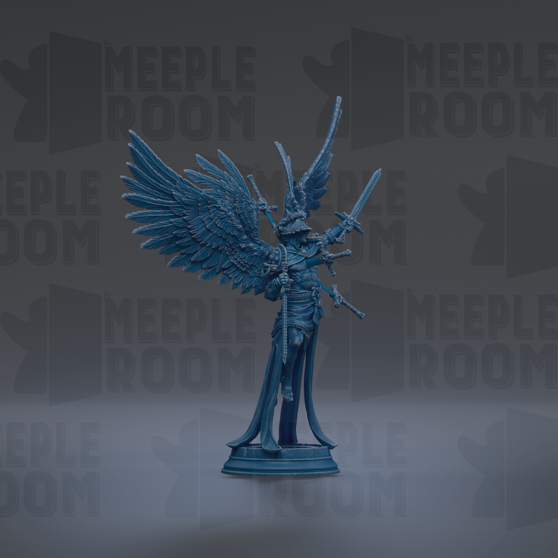 A blue statue of a winged figure holding a sword and shield stands prominently against a dark background with repeated "MEIPLE ROOM" text.