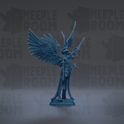 A blue statue of a winged figure holding a sword and shield stands prominently against a dark background with repeated "MEIPLE ROOM" text.