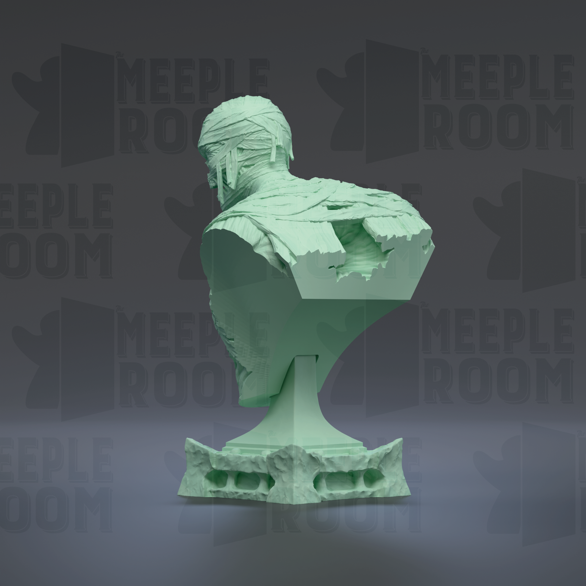 A green bust sculpture is displayed against a dark background with repeated text.