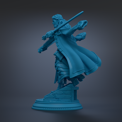 A blue 3D model of a figure holding a sword and standing on a pedestal.