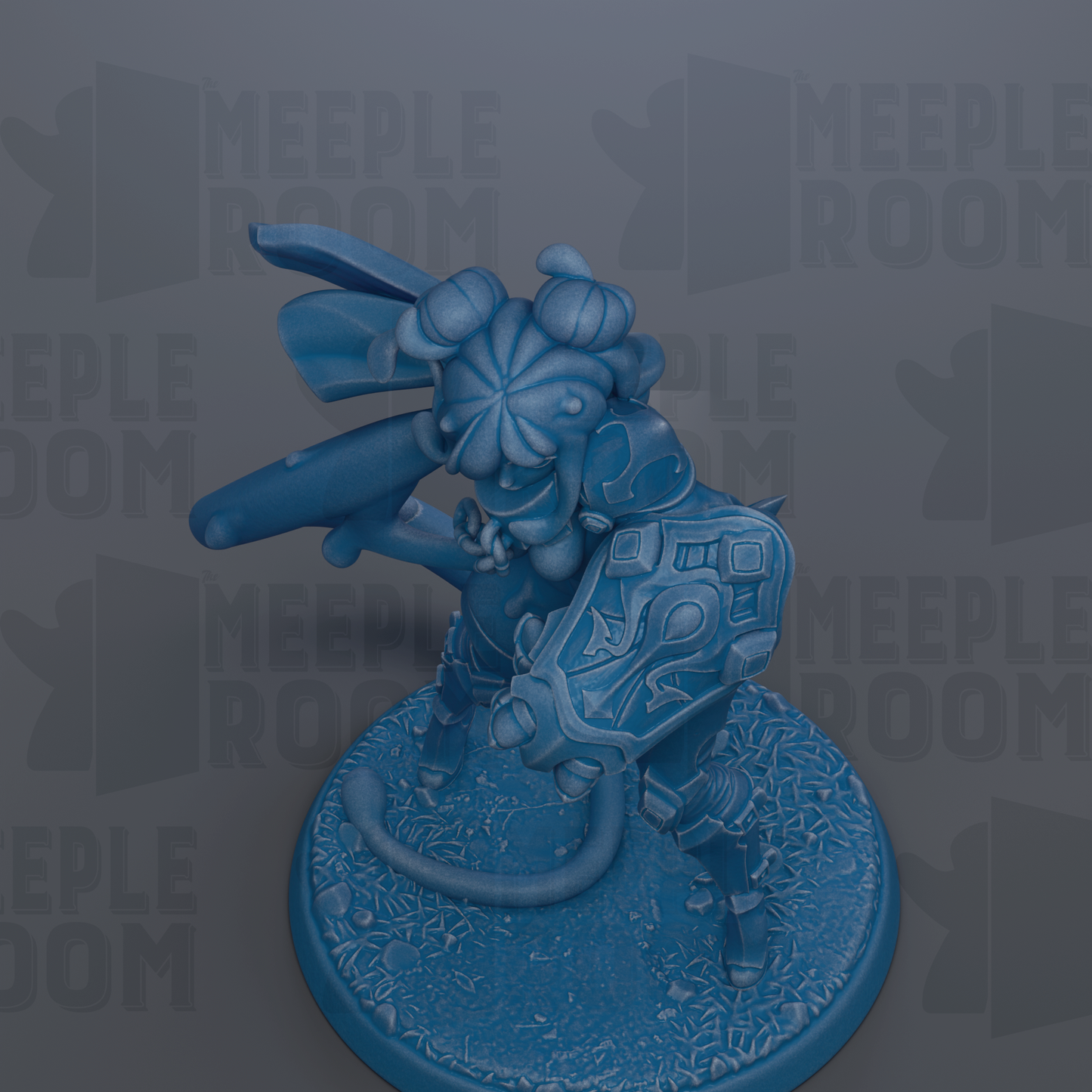 A blue figurine of a character with a sword and shield, standing on a base.