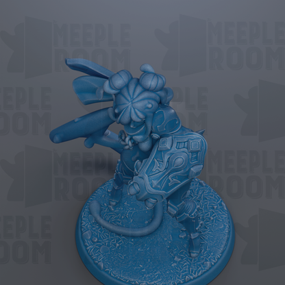 A blue figurine of a character with a sword and shield, standing on a base.