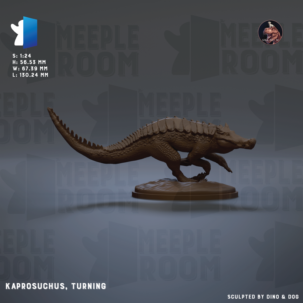 a brown sculpture of a crocodile or alligator, which is the main focus of the image. The sculpture is placed on a platform, and the background has a repeating pattern of the word "MEIPLE ROOM".