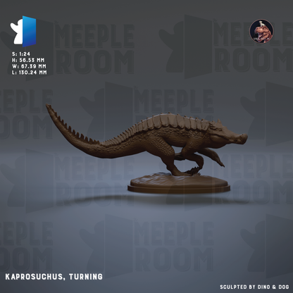 a brown sculpture of a crocodile or alligator, which is the main focus of the image. The sculpture is placed on a platform, and the background has a repeating pattern of the word "MEIPLE ROOM".