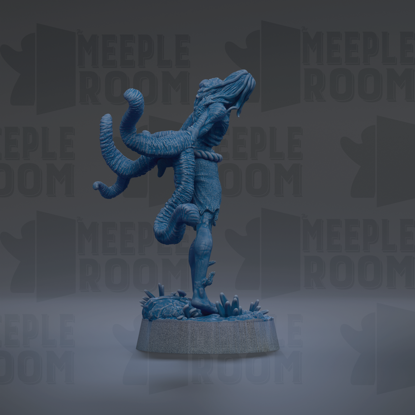 A blue, 3D-rendered figurine of a fantastical creature with multiple tentacles, standing on a base and appearing to be in a dynamic pose.