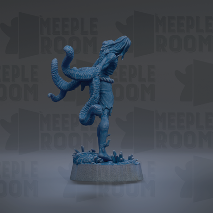A blue, 3D-rendered figurine of a fantastical creature with multiple tentacles, standing on a base and appearing to be in a dynamic pose.