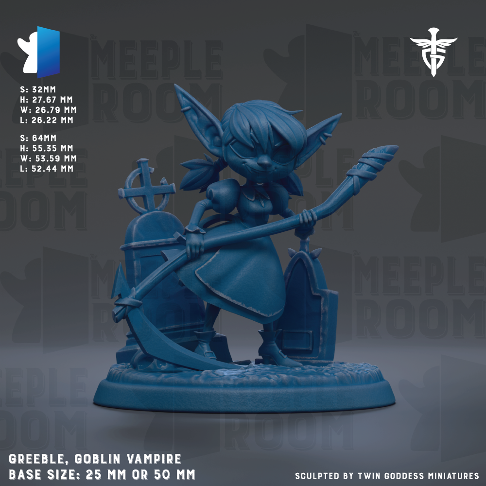 The image is a 3D model of a blue-colored character resembling a fairy or elf, holding a staff or staff-like object. The character is standing on a base that is either 25mm or 50mm in size. The background of the image is dark, and there are repeated texts and logos throughout the image, including the words 'MEEDLE ROOM' and 'MEEDLE ROOM' in various sizes and orientations.