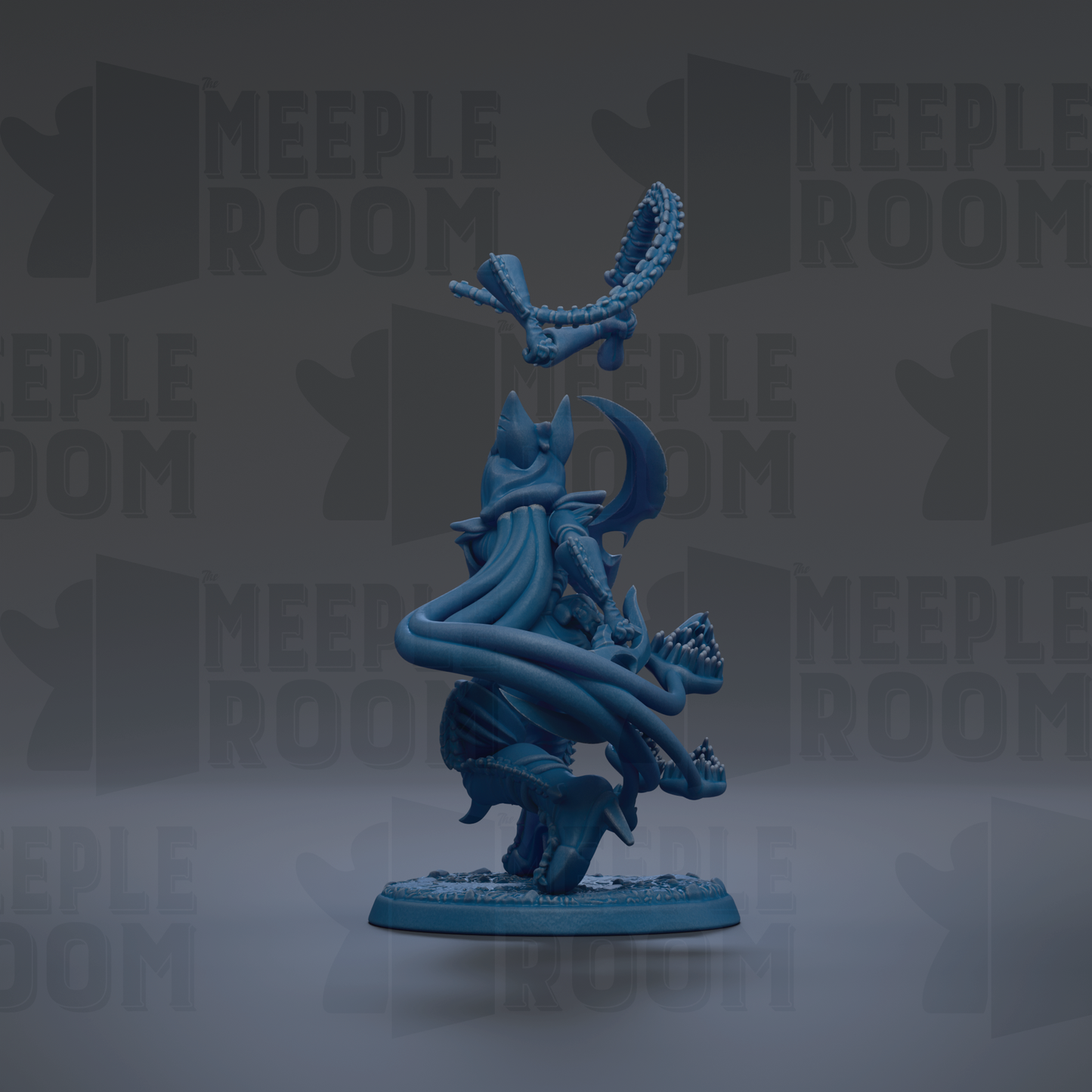 A blue figurine of a fantastical creature with a long, flowing tail and a sword-like weapon, standing on a base.