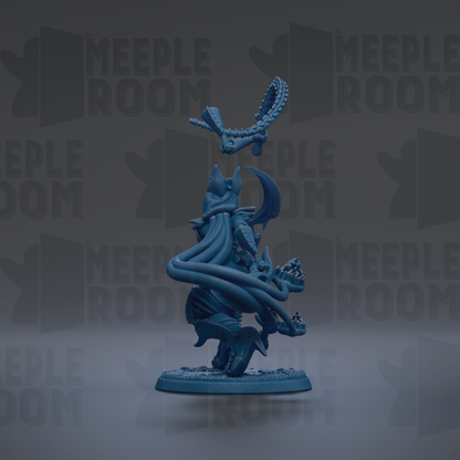 A blue figurine of a fantastical creature with a long, flowing tail and a sword-like weapon, standing on a base.