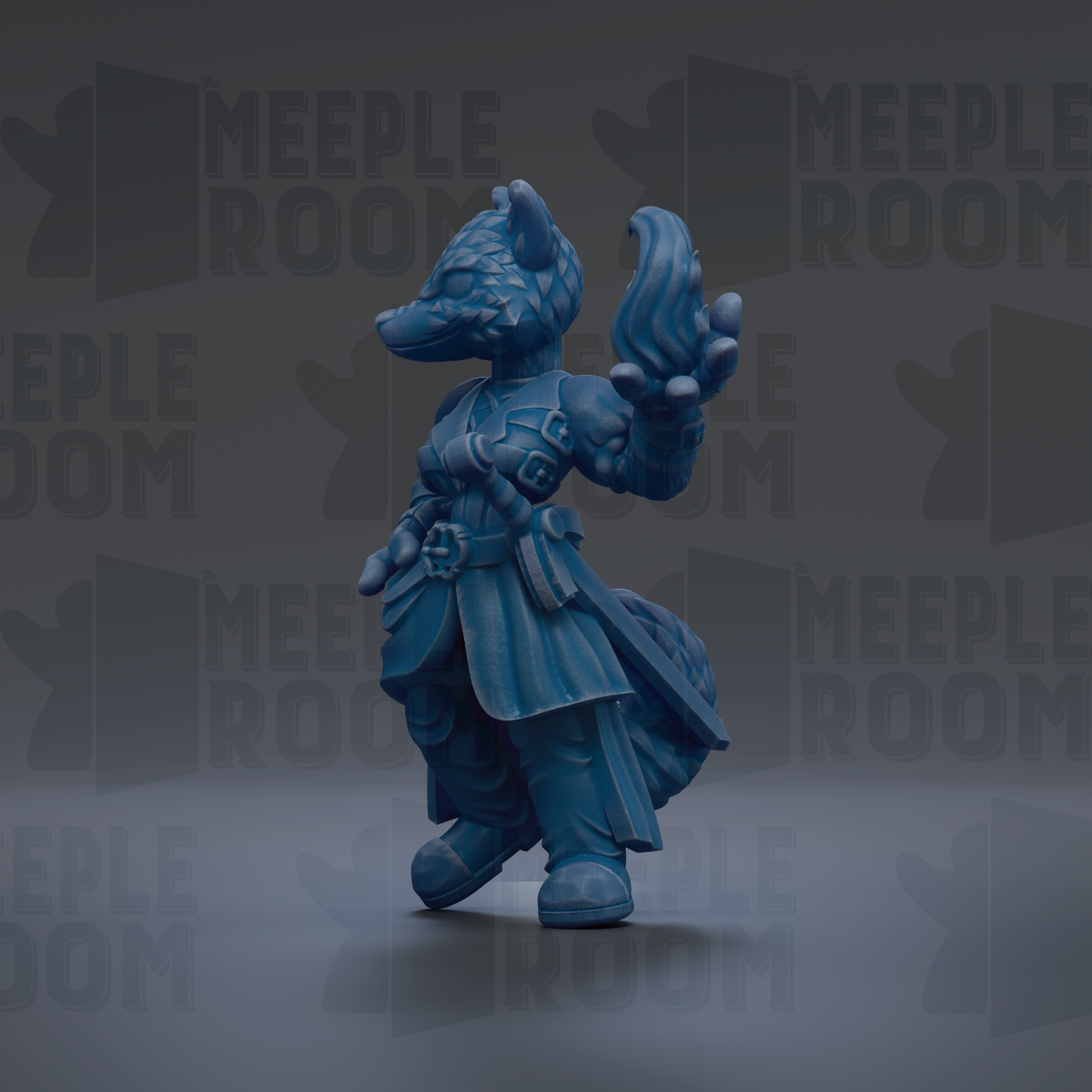 A blue, cartoonish-looking creature with a pointed head and a flowing cape, standing on a gray surface against a dark background with repeated text.