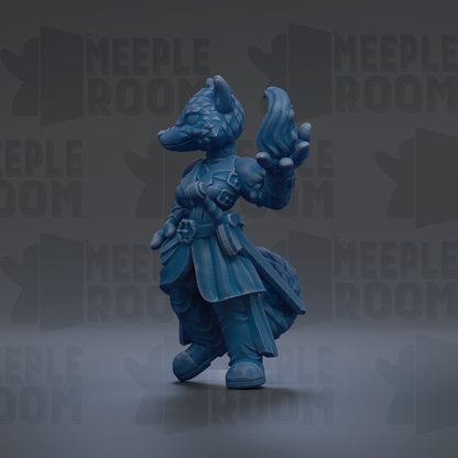 A blue, cartoonish-looking creature with a pointed head and a flowing cape, standing on a gray surface against a dark background with repeated text.