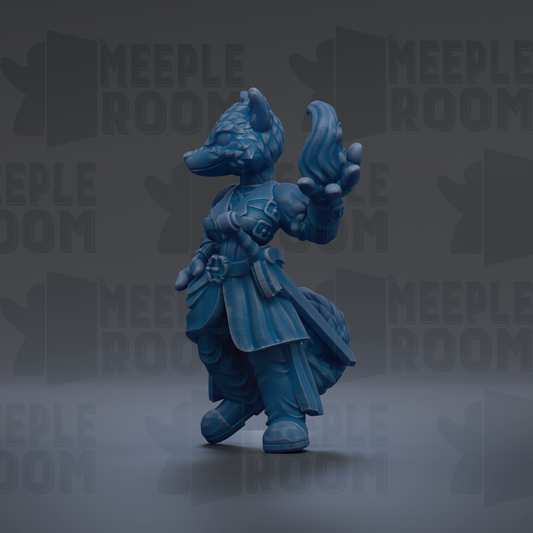 A blue, cartoonish-looking creature with a pointed head and a flowing cape, standing on a gray surface against a dark background with repeated text.