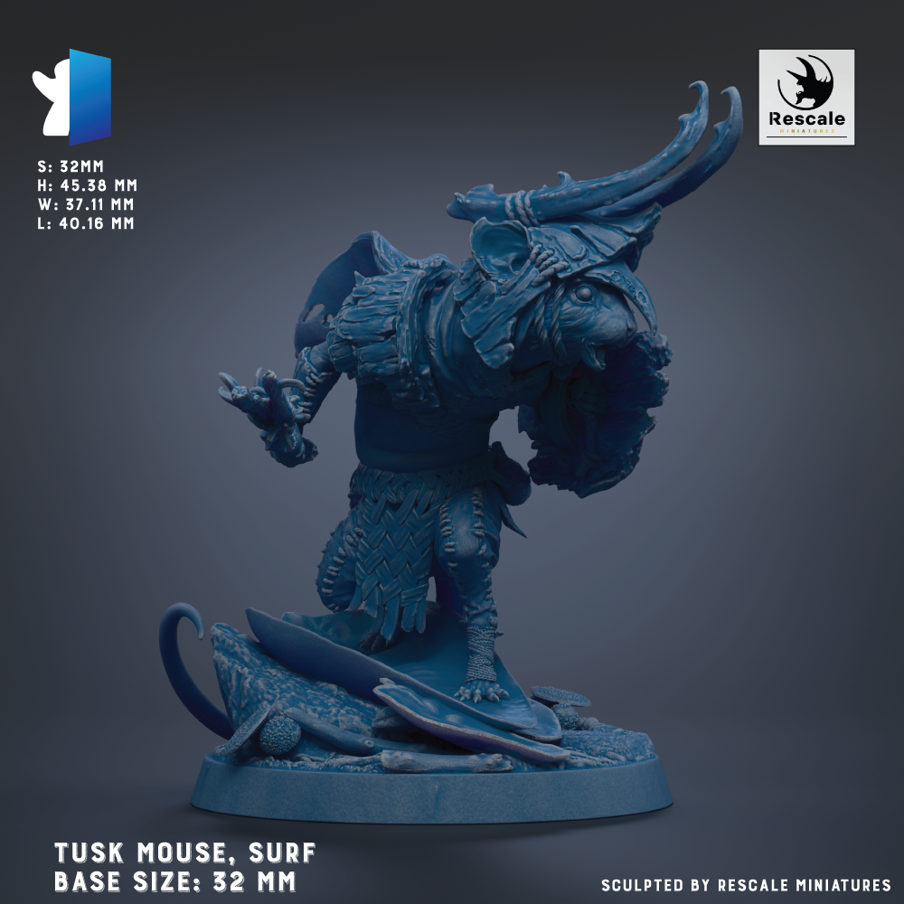 A detailed 3D model of a Tusk Mouse figurine, with intricate details and a realistic appearance. The figurine is shown in a dynamic pose, standing on a base that is described as 32 mm in size. The image is a sculpture, and it is created by Rescale Miniatures.
