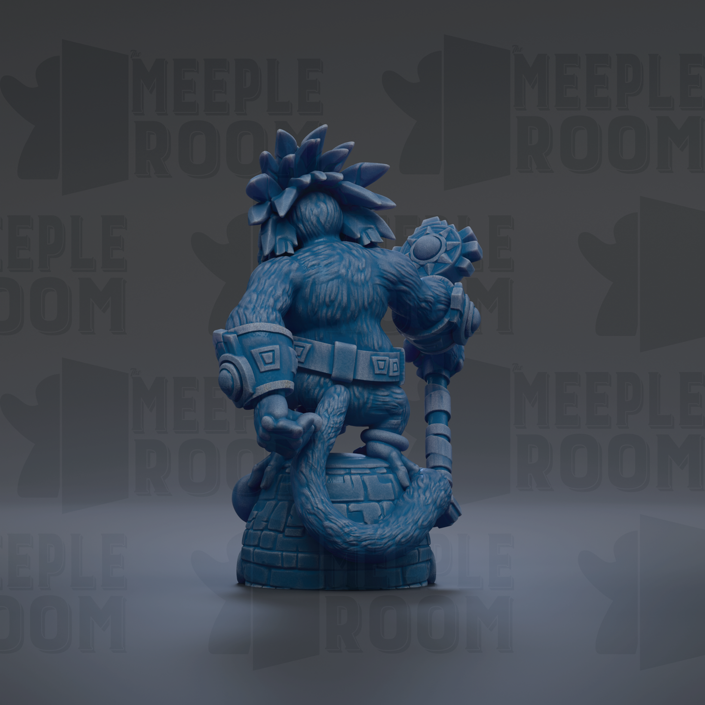 A blue, furry statue of a character with a large head and a staff, standing on a brick base.