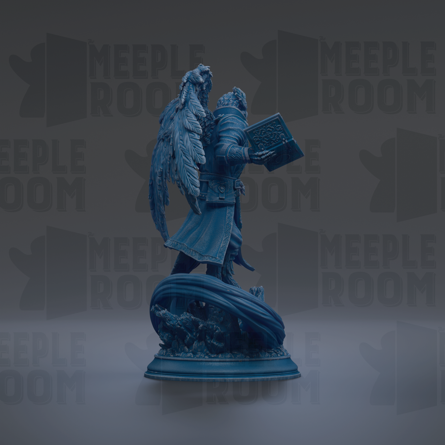 A blue statue of a winged figure holding a book, standing on a pedestal against a dark background with repeated "MEPLEROOM" text.