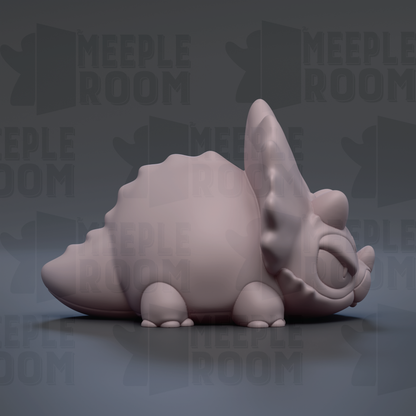 A 3D rendering of a pink, cartoon-like creature with a large head and small body, sitting on a gray surface.