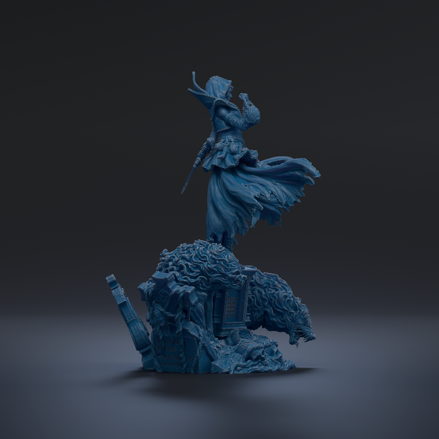 A dark blue, 3D-rendered statue of a figure with flowing robes and a hood, standing on a large, fierce-looking creature.