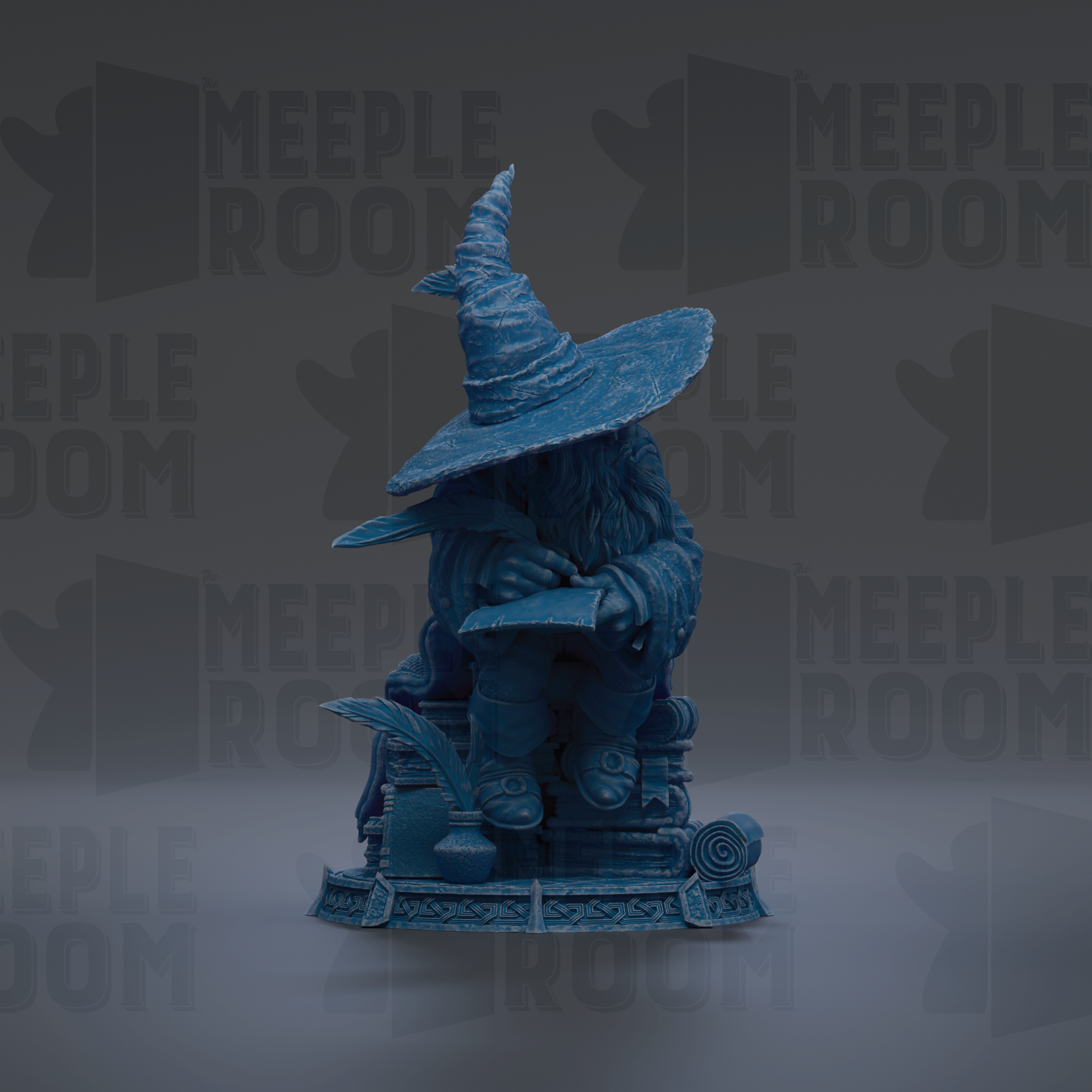 A blue statue of a wizard sitting on a pedestal, wearing a pointed hat and holding a book.