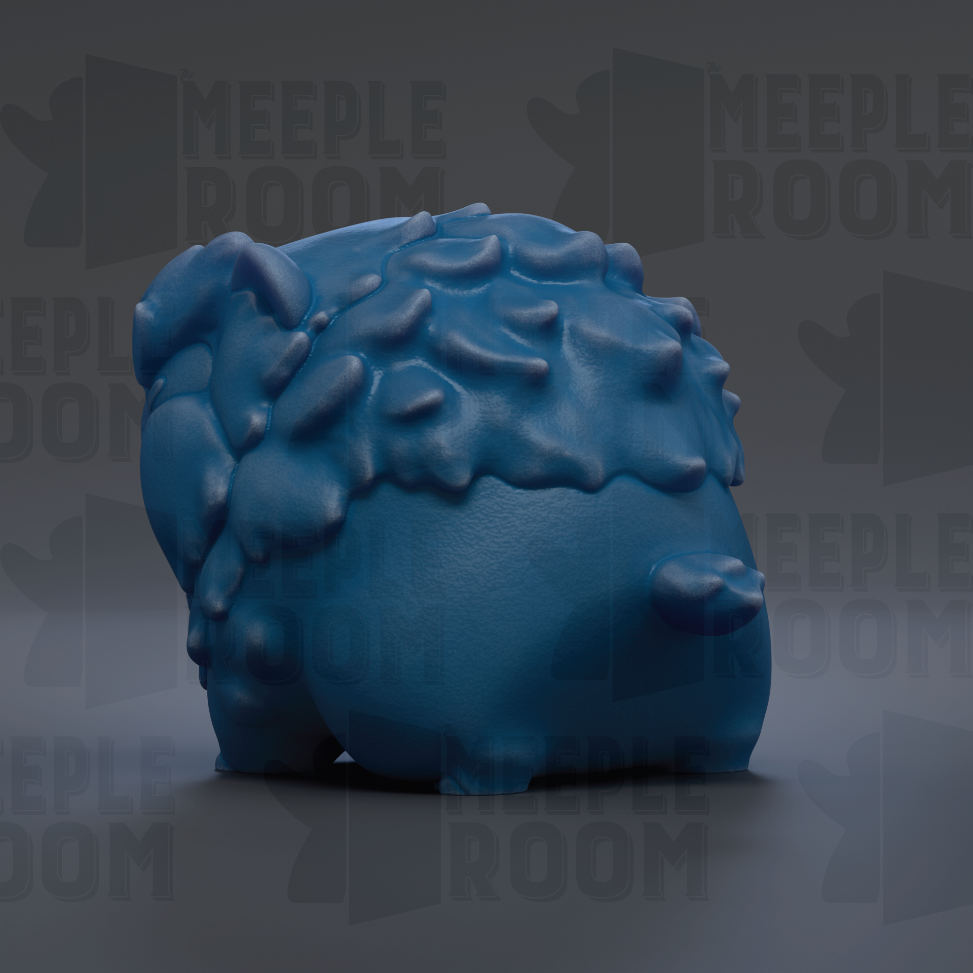 A blue, abstract, and textured 3D model of a creature resembling a small animal or organic shape, with the text "Meeple room" repeated in the background.
