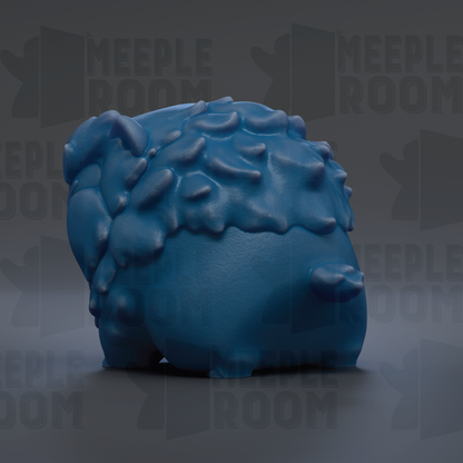 A blue, abstract, and textured 3D model of a creature resembling a small animal or organic shape, with the text "Meeple room" repeated in the background.