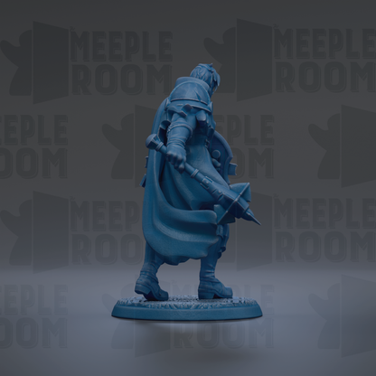 A blue figurine of a warrior standing in a fighting stance, holding a sword and shield, against a dark background with repeated text.