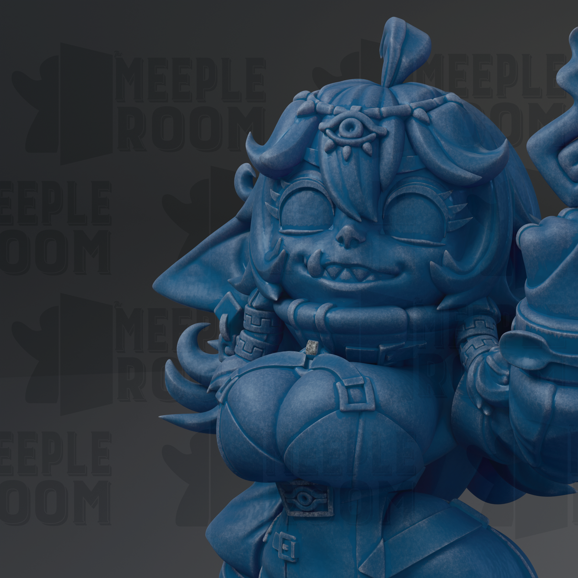 A close-up of a blue, cartoonish figurine with exaggerated features, such as large eyes, horns, and a prominent nose.