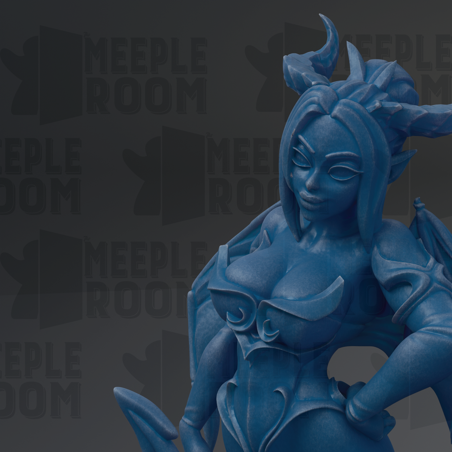 A close-up of a blue, fantastical female character with horns and a flowing, ornate design on her body.