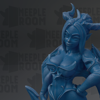 A close-up of a blue, fantastical female character with horns and a flowing, ornate design on her body.