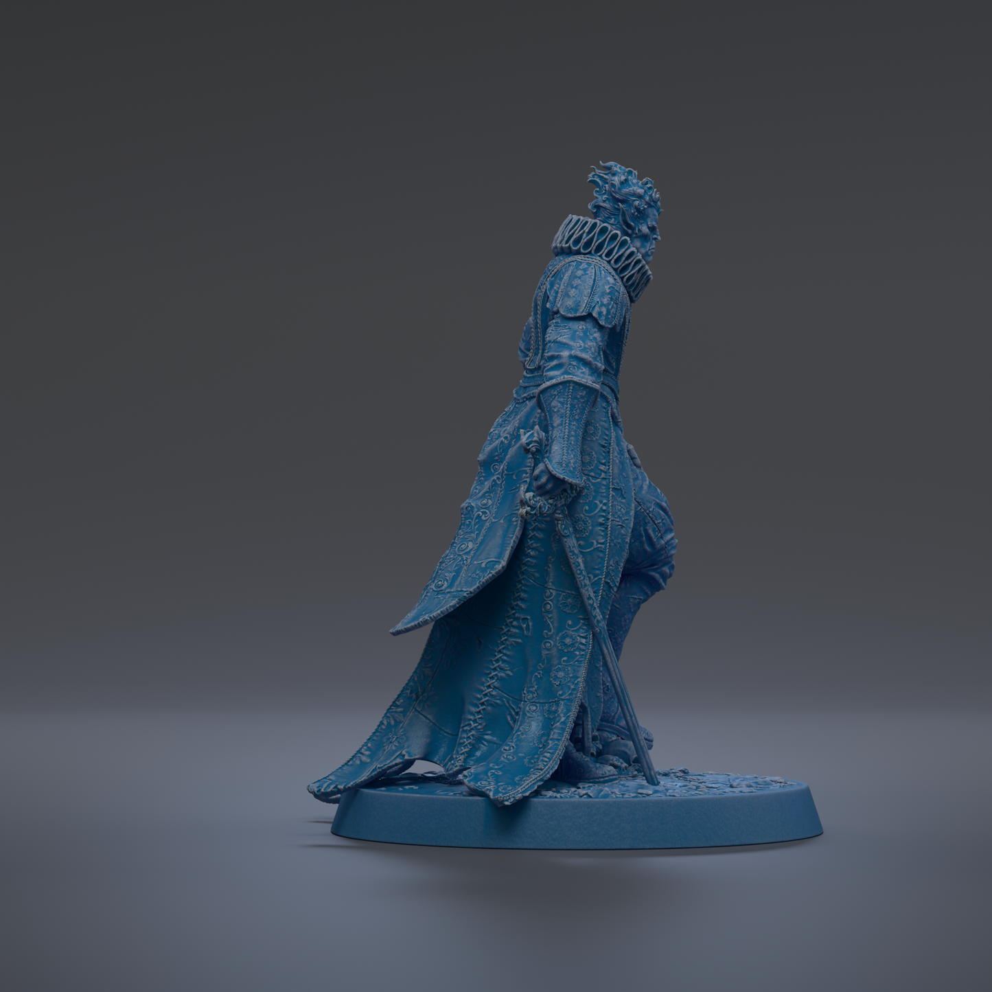 A blue statue of a person standing on a pedestal against a dark background.