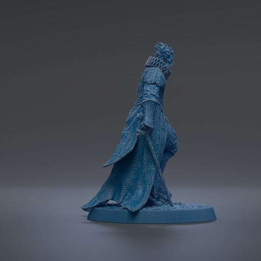 A blue statue of a person standing on a pedestal against a dark background.