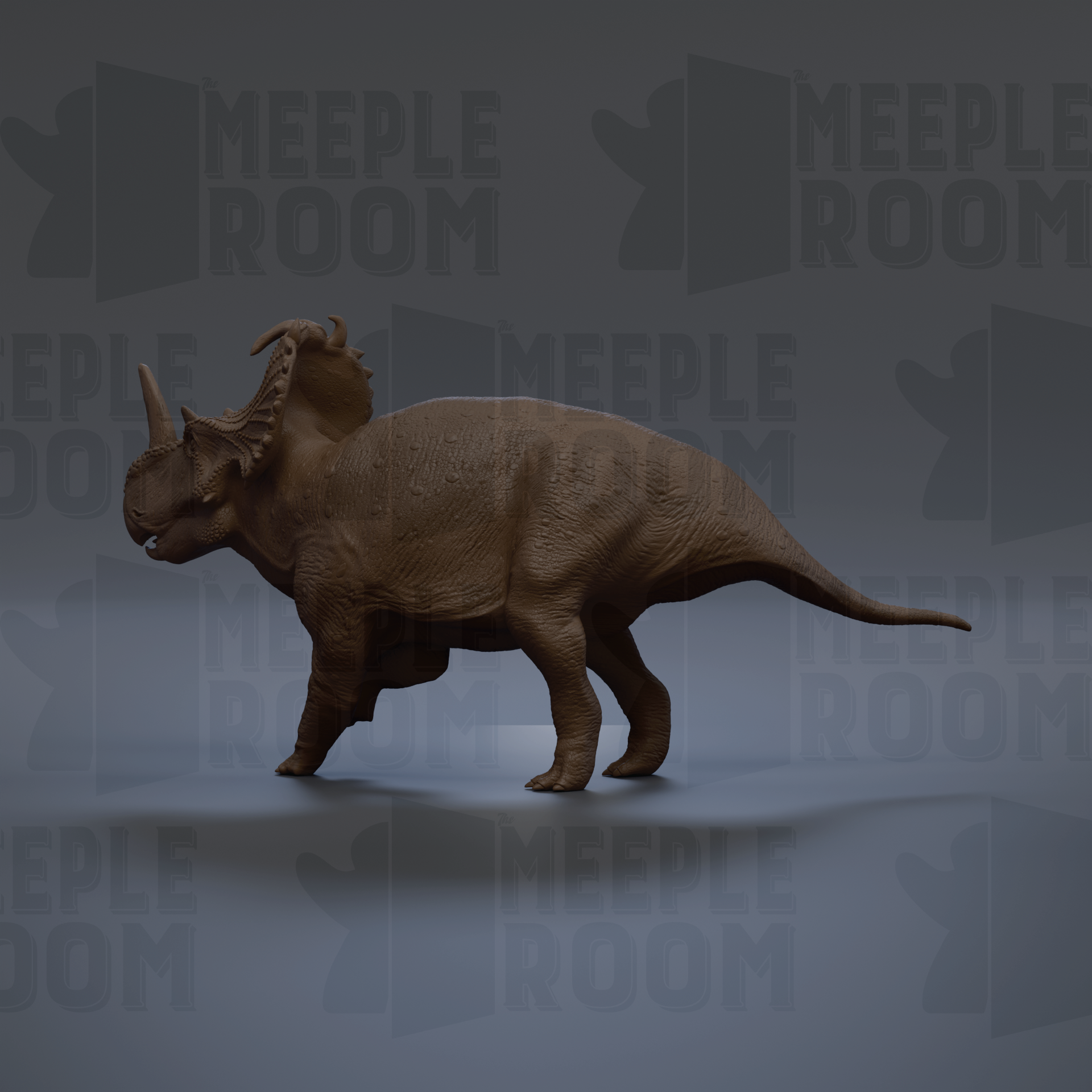 A 3D rendering of a Triceratops dinosaur, with its distinctive horns and tail, is shown against a dark background with repeated text.