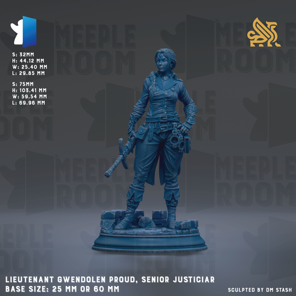 a statue of a woman, specifically a senior justiciar, wearing a blue outfit and holding a sword. The statue is displayed on a pedestal, and the background has the text "MEIPLLE ROOM" repeated multiple times. The statue is described as a "LIEGUENT GWENDOLEN PROUD, SENIOR JUSTICIAN" and has a base size of either 25mm or 60mm.